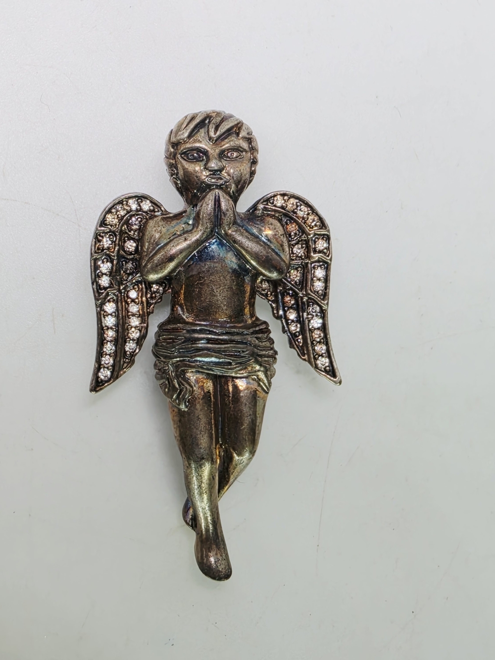 Vintage Danbury Mint Signed DM Praying Cherub Angel Pendant Silver Plated Patina